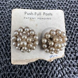 Vintage Faux Pearl Cluster Push Pull Post Earrings Patent Pending Original Card